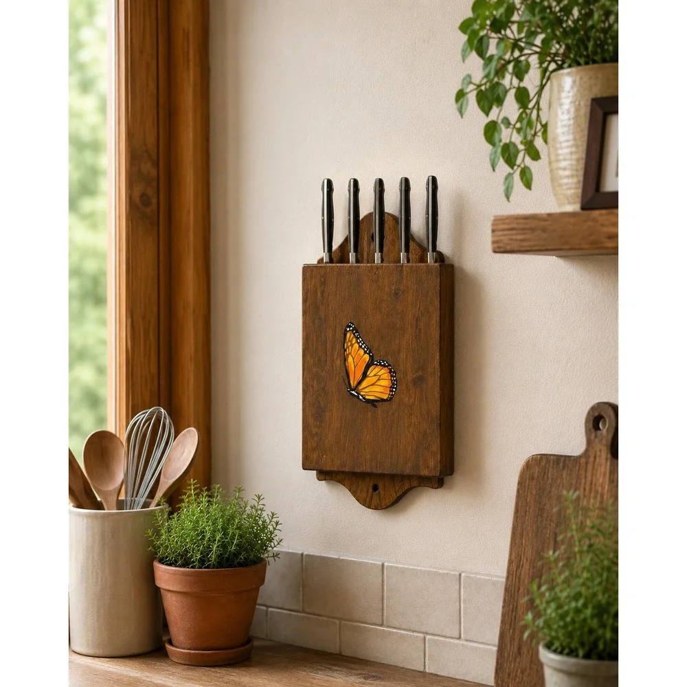 Vintage Wooden Wall Mount Steak Knife Holder Monarch Butterfly Rustic Kitchen